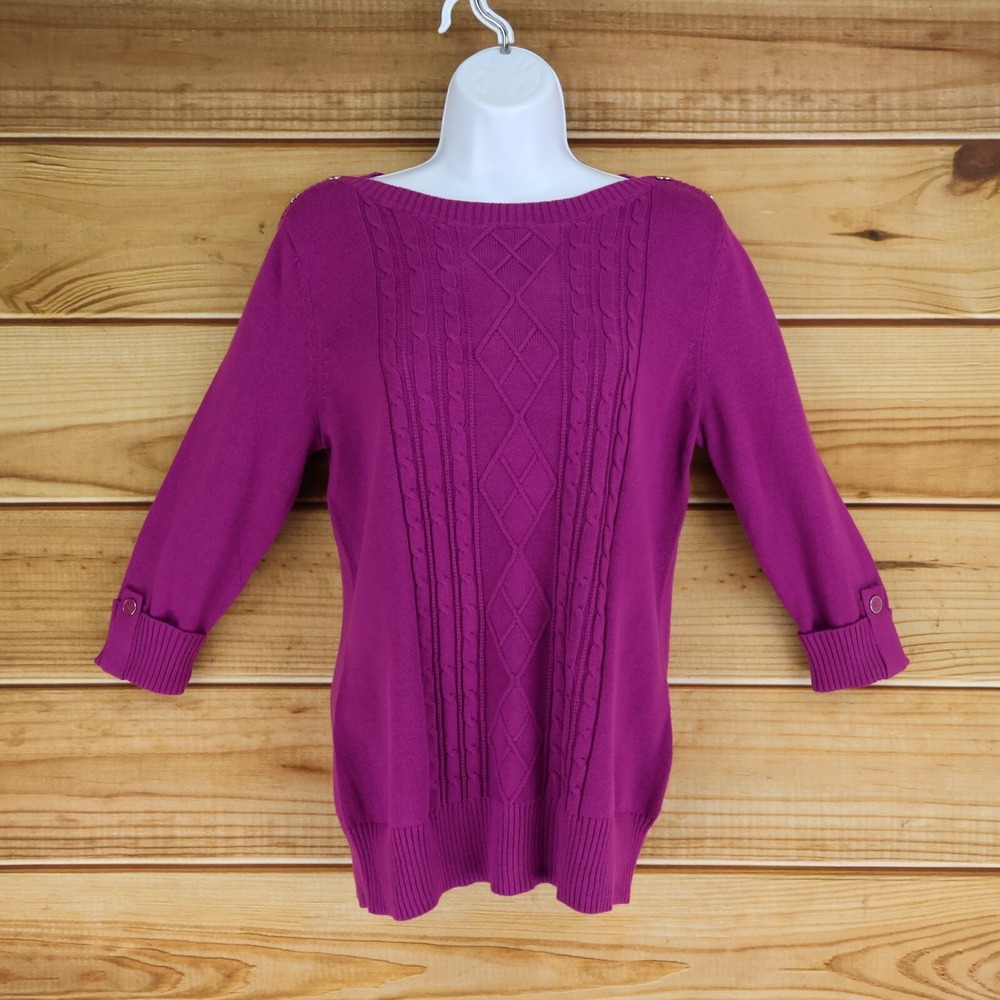 Studio Works Sweater Womens Size S Purple 100% Cotton 3/4 Sleeves Cuffed Stretch